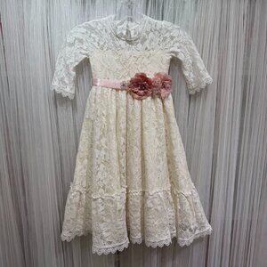 Searington Road Girls Cream Lace Dress with Pink Floral Sash Size 4T/4